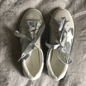 Leather suede and silver tennis shoes